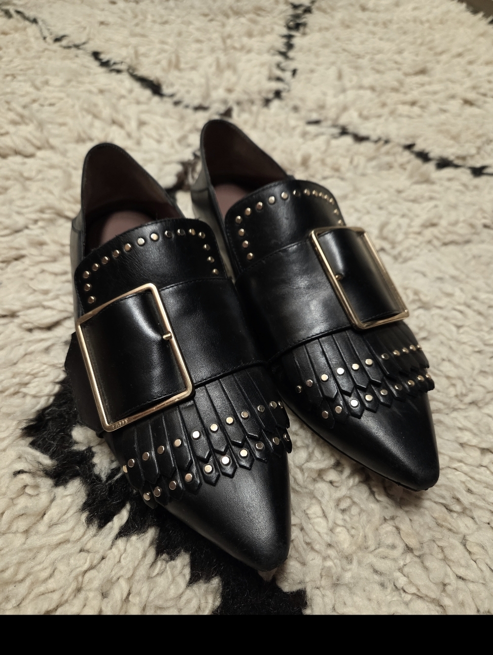 Bally Hamelia Studded Fringe Leather Loafers Black Pointed Toe Size 6 / 36.5